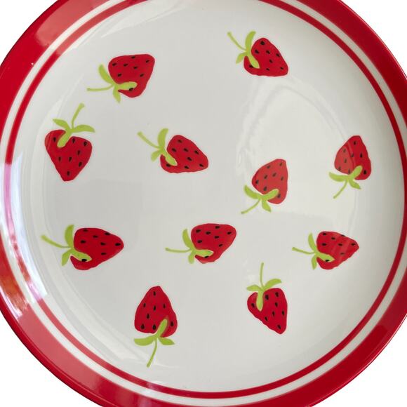 TERRAMOTO Strawberry Summer Ceramic 10.5" Plates Red and White Set of 4 NEW - Picture 2 of 8